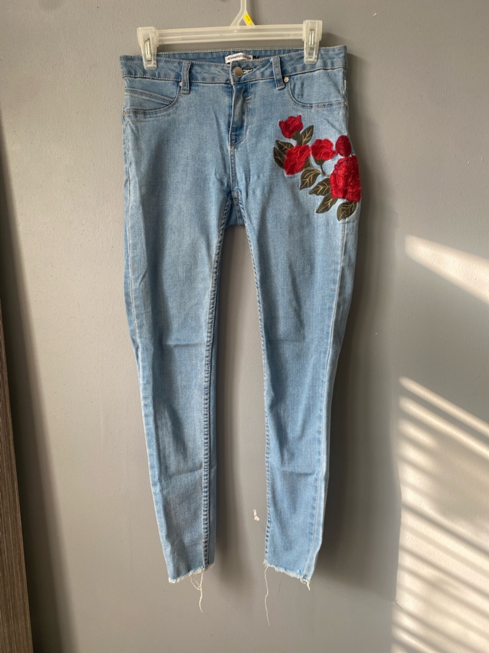 Light Wash Jeans with Red Floral Embroidery